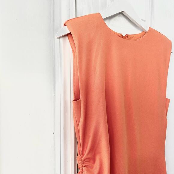 Evereve Zoe Strong Shoulder Ruched Midi Minimalist Slip Dress Orange Sorbet S - Picture 5 of 12
